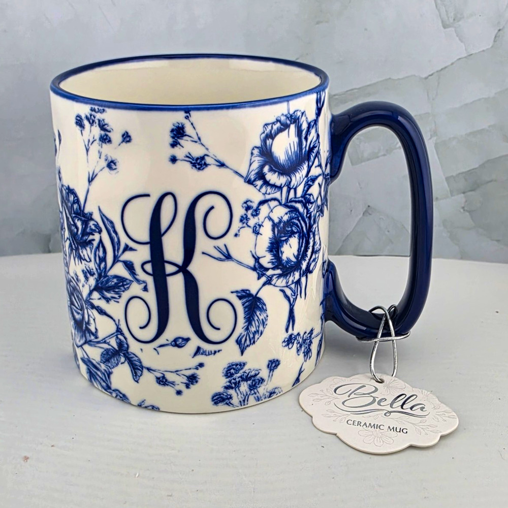 Strawberry Street Bella "K" Ceramic Coffee Mug Blue & White Floral Monogram K